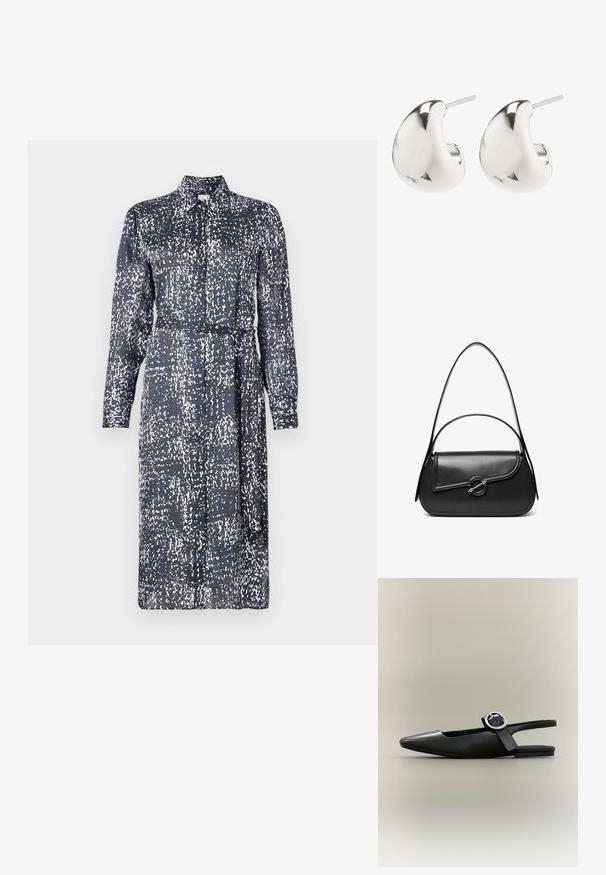 Calvin Klein DRESS - Särkkleit - inkwell; Mustad terava ninaosaga tasane slingback-kinga hõbedase pandla ja madala kannaga neutraalsel taustal.; Must nahast õlakott kõverda kaanega, mida hoiab kinni ümmargune metallist klamber ja millel on õhuke, reguleeritav rihm.; Hõbedased kõrvarõngad, millel on sile, kumer disain. Need on viimistletud poleeritud pinnaga ja neil on kinnituseks post tagasi, tagades kindla kandmise.