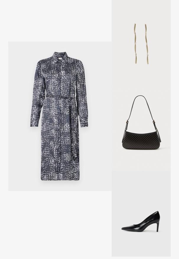 Calvin Klein DRESS - Tričkové šaty - inkwell; Čierna kožená vysoká topánka s ihlovým podpätkom a špičatou špicou, hladkou textúrou a zúženým podpätkom. Minimalistický dizajn, bez ďalších ozdôb.; Čierna kabelka s geometrickým vzorom, zakriveného tvaru, hladkej textúry a dlhého nastaviteľného popruhu; obsahuje akcenty z pozláteného kovu.; Dlhé zlaté náušnice zložené zo štyroch predĺžených prepojených zakrivených tyčí na bielom pozadí.