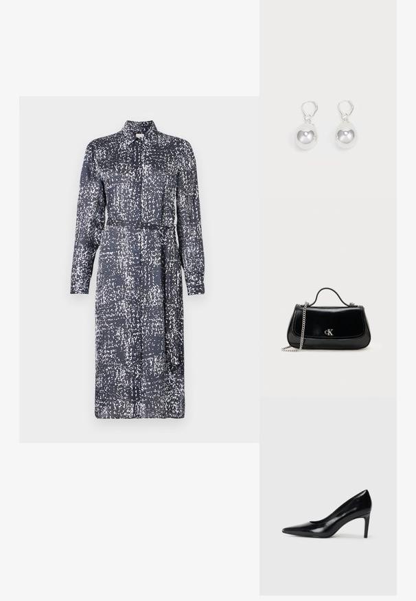 Calvin Klein DRESS - Särkkleit - inkwell; Mustmust musta kõrge kontsaga king, millel on terav varvas, sile tekstuur ja kitsenev konts. Minimalistlik disain, ilma täiendavate kaunistusteta.; Must nagu nahast käekott ahela rihmaga, struktureeritud kuju ja hõbedane logosildiga. Sile tekstuur ning klapiga sulgemine.; Hõbedased langenud kõrvarõngad, millel on siledad, ümmargused, peegeldavad pinnad, mis ripuvad klamberkinnituselt. Taust on lihtne valge.