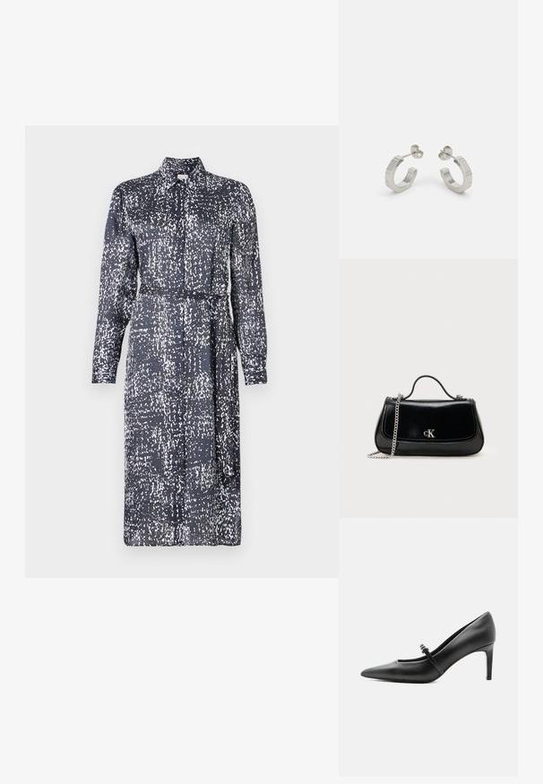 Calvin Klein DRESS - Särkkleit - inkwell; Mustast nahast terava varbaga kõrge kontsaga king, millel on peen rihm ja pandlaga üle jala pealse, seisab neutraalsel heledal taustal.; Must nagu nahast käekott ahela rihmaga, struktureeritud kuju ja hõbedane logosildiga. Sile tekstuur ning klapiga sulgemine.; Hõbedased metallist rõngakõrvarõngad tekstureeritud kujundusega, millel on väike kinnituskate ja bränding ühel rõngal. Ümar kuju ja poleeritud viimistlus.