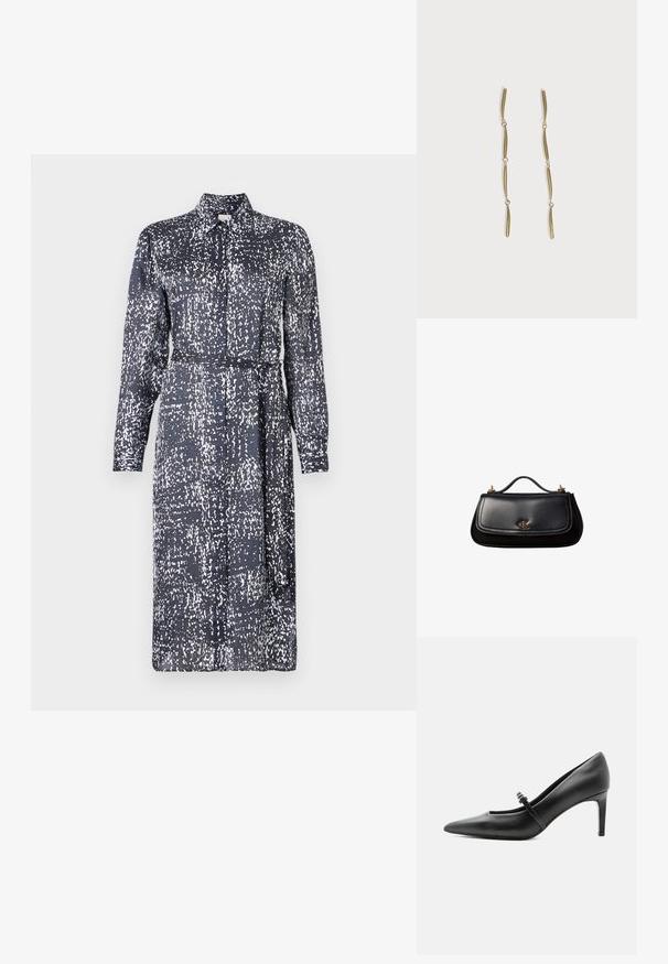 Calvin Klein DRESS - Särkkleit - inkwell; Mustast nahast terava varbaga kõrge kontsaga king, millel on peen rihm ja pandlaga üle jala pealse, seisab neutraalsel heledal taustal.; Mustast nahast käekott väikese sangaga, esiklapil kuldse "cK" logoga ja kuldsete metallesemete aksentidega.; Pikad kuldsed kõrvarõngad, mis koosnevad neljast pikendatud ühendatud kaardus vardast valgel taustal.