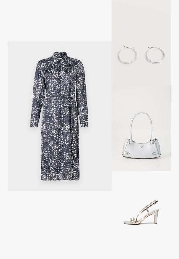 Calvin Klein DRESS - Tričkové šaty - inkwell; Metalické strieborné sandále na vysokom podpätku s otvorenou špičkou, s tromi tenkými popruhmi cez nohu a remienkom okolo členka so sponou.; Strieborná kabelka so štruktúrovaným dizajnom, s dvoma ušami, lesklou textúrou, akcentovaným hardvérom a trojuholníkovým logom na prednej strane.; Strieborné kovové kruhové náušnice s hladkým, mierne zakriveným povrchom a zapínaním na poistku na jednoduchom bielom pozadí.