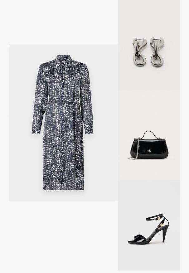 Calvin Klein DRESS - Särkkleit - inkwell; Mustra musternahkade musta nahk sandaal kõrgete kontodega, topelt pahkluu rihmade ja kuldsete pandlatega, avatud varvastega ja kitsaste kergelt koonusjate kontidega neutraalsel taustal.; Must nagu nahast käekott ahela rihmaga, struktureeritud kuju ja hõbedane logosildiga. Sile tekstuur ning klapiga sulgemine.; Hõbedatoonides metallist kõrvarõngad abstraktse üksteisega põimunud aasade disainiga valgel taustal.