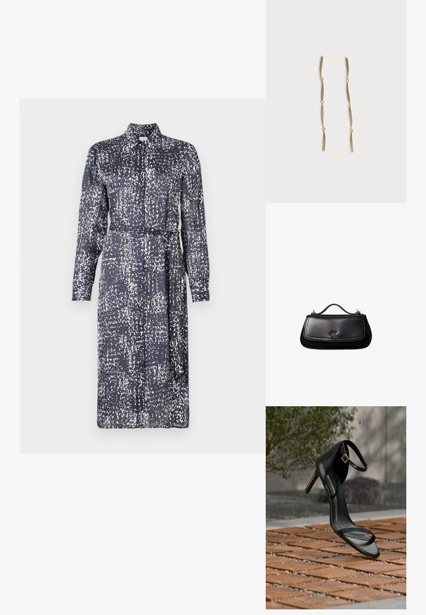 Calvin Klein DRESS - Tričkové šaty - inkwell; Čierna sandála na vysokom podpätku s remienkom okolo členka sa zdá byť zavesená nad drevenou dlažbou vonku s rozmazaným zeleným porastom a kamenným pozadím.; Čierna kožená kabelka s malým rúčkou, zlatým logom "cK" na prednej klopke a zlatými kovovými akcentmi.; Dlhé zlaté náušnice zložené zo štyroch predĺžených prepojených zakrivených tyčí na bielom pozadí.
