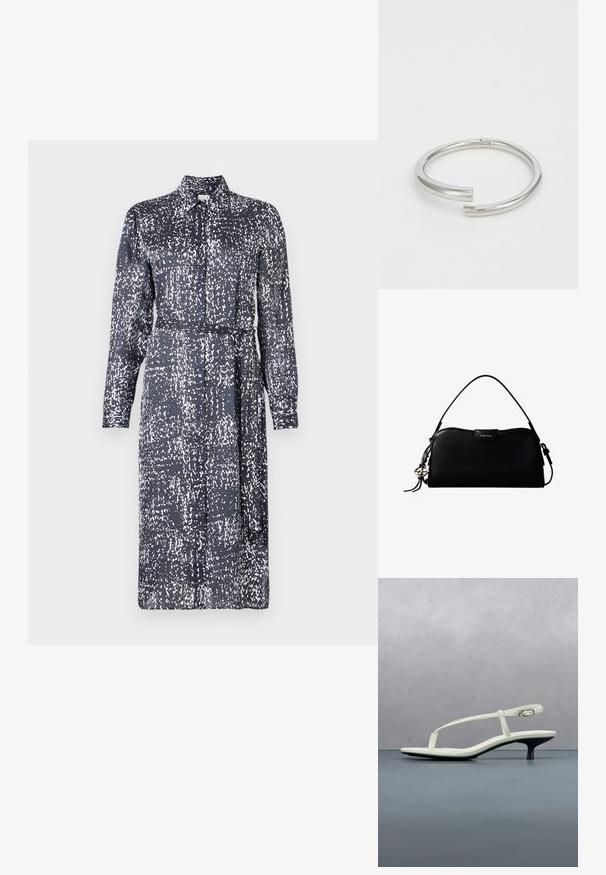 Calvin Klein DRESS - Särkkleit - inkwell; Valge rihmadega kitten-kontsaga sandaal, millel on terav ninaosa, hõljumas puidust plaatpõranda kohal õues, taustal hägune taim ja sein.; Must ristkülikukujuline Calvin Kleini käekott, millel on üks ülemine rihm, hõbedane logo ripats ja ees väike klapiga sulgur.; Calvin Klein SPIRAL - Käevõru - silver-coloured