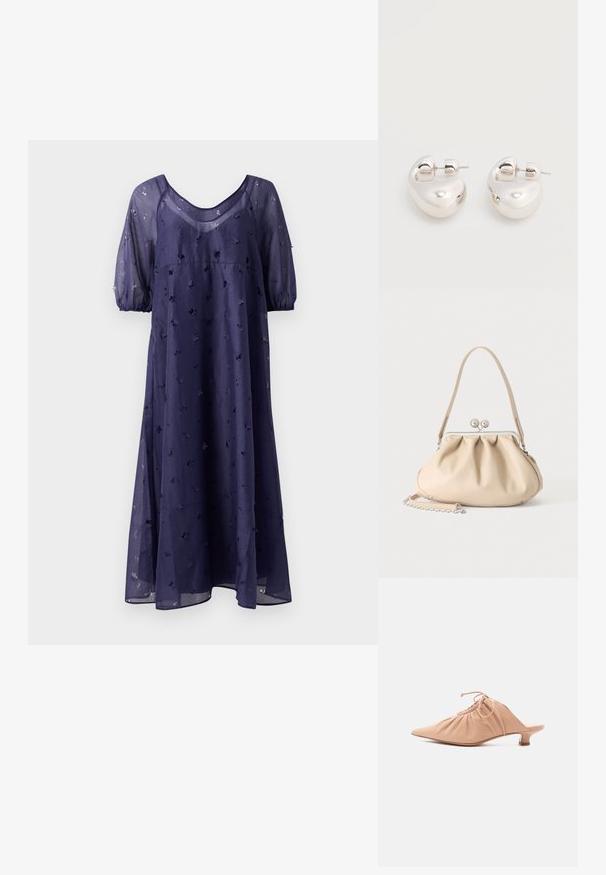 Vestido azul marino hasta la rodilla hecho de tela translúcida con un ajuste relajado, que presenta mangas abullonadas y bordados florales en toda su superficie.; Zueco de mujer de cuero beige con puntera puntiaguda, parte superior fruncida, cordón ajustable y tacón bajo de estilo kitten sobre fondo blanco.; Bolso de mano de cuero suave beige con cierre de marco metálico plateado, una correa para el hombro y una correa de cadena opcional sobre un fondo blanco.; Par de pendientes llamativos de aro grueso plateado brillante con cierre de poste sobre un fondo blanco liso.