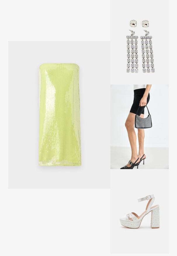 Skinnende, limegrøn strapless top dækket af palietter. Glat tekstur med et fitted, rørformet design og en lige halsudskæring.; Hvide platform sandaler med en metallisk finish, der har to krydsede stropper, en ankelrem og en blokhæl prydet med funklende sten.; Sort perlehandtaske med en buet silhuet, bærehåndtag og blank overflade. Båret med højhælede sorte sko og tætsiddende sorte shorts.; Krystal dråbeøreringe med sølvfarvet hardware, der har en kvadratisk stud og kaskader af rektangulære og oktagonale krystaller.