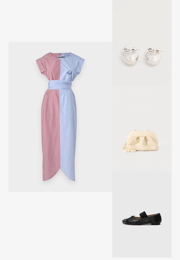 Stribet kjole med røde og blå paneler, korte ærmer, taljebånd, sideslids og broderet detalje. Stoffet ser glat og let ud.; Sorte læder ballet flats med en rund tå, en lille knude detalje og et elastisk bånd over vristen for en sikker pasform. Flad sål.; Håndtaske i kremfarvet stof med blomsterbroderi, blød afrundet topramme og justerbar rem, lagt foran på en lysegrå baggrund.; Par af skinnende sølv store øreringe med lukning på bagsiden mod en ensfarvet hvid baggrund.