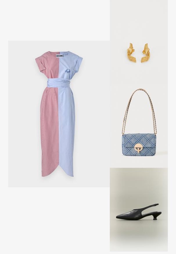 Vestido a rayas con paneles rojos y azules, mangas cortas, cinturilla con lazo, abertura lateral y detalles bordados. La tela parece suave y ligera.; Zapato slingback de cuero negro con punta afilada y tacón bajo tipo kitten sobre fondo neutro.; Bolso de hombro de denim azul acolchado con correa de cadena tono dorado y cierre circular dorado en la solapa frontal.; Pendientes en tono dorado con un diseño de hoja retorcida, adornados con pequeñas piedras brillantes y asegurados con un cierre de presión.