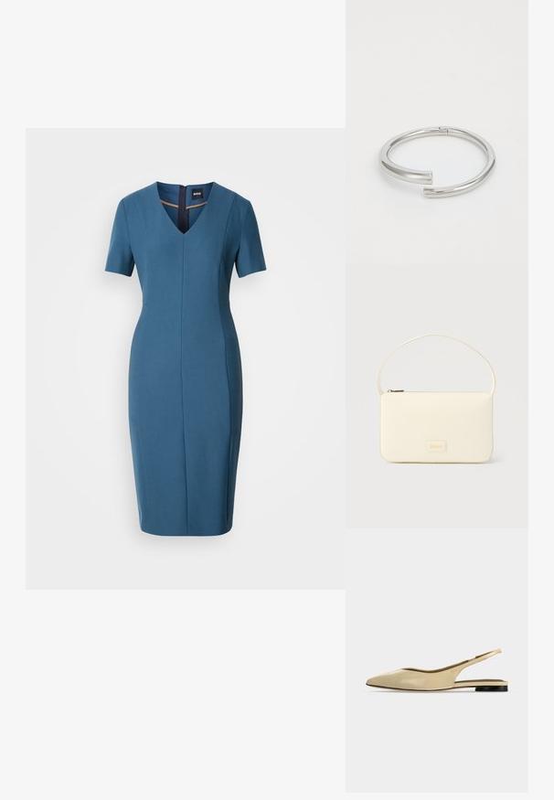 Blauwe aansluitende jurk met korte mouwen, V-hals en een rits aan de achterkant. Soepele textuur, knielang met een getailleerde pasvorm en naaddetails.; Beige platte slingback schoen met puntige neus, lage zwarte hak en een glad leren afwerking, zijaanzicht op een effen achtergrond.; Roomkleurige rechthoekige handtas met een enkele draagband en een ritssluiting aan de bovenkant, met een klein ingegraveerd logoplacaat op de voorkant.; Calvin Klein SPIRAL - Armband - silver-coloured