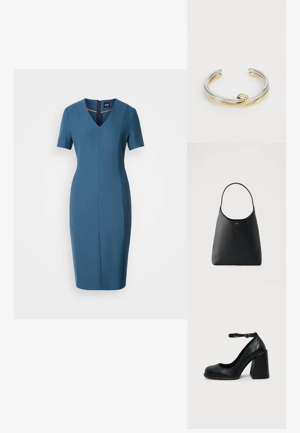 Vestido azul ajustado con mangas cortas, escote en V y cremallera en la espalda. Textura suave, de largo hasta la rodilla con una silueta entallada y detalles de costura.; Zapato negro de cuero con tacón alto, punta redondeada y correa ajustable en el tobillo con hebilla dorada sobre fondo liso claro.; Bolso de mano de cuero negro con un asa curva única, textura suave y un logo sutil en la parte frontal. Diseño minimalista e interior espacioso.; Pulsera de pulsera de metal que presenta bandas entrelazadas de plata y oro con un acabado suave y pulido. Detalle de nudo notable en el centro.