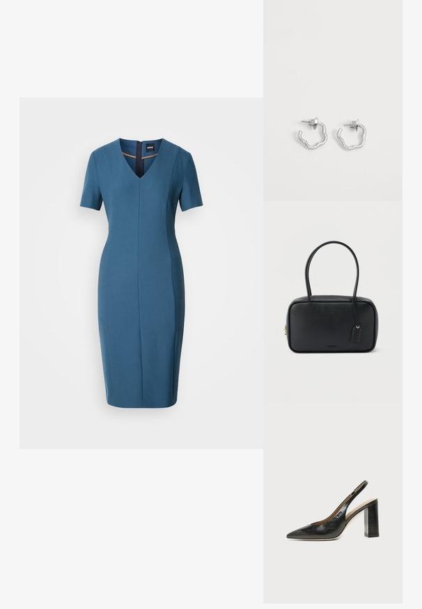 Robe ajustée bleue avec des manches courtes, décolleté en V et fermeture à glissière au dos. Texture lisse, longueur genoux avec une silhouette cintrée et des détails de couture.; Chaussure slingback en cuir noir à bout pointu avec un talon bloc haut et une doublure intérieure beige sur un fond clair uni.; Sac à main rectangulaire noir avec doubles poignées arrondies, fermeture éclair dorée et logo "HUGO" embossé sur le devant avec une étiquette en cuir attachée.; Paire de petites boucles d'oreilles créoles en argent avec des formes ondulées irrégulières et des fermoirs à tétons sur fond blanc uni.