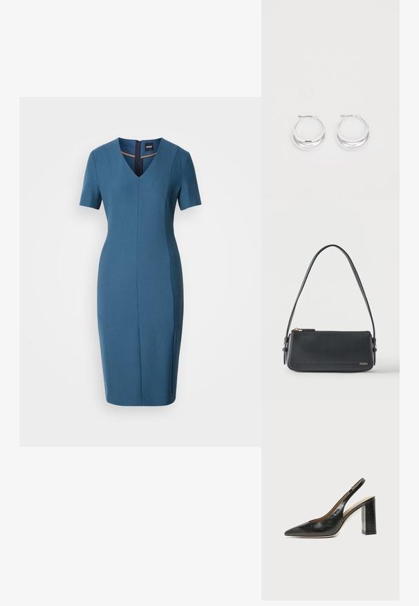 Blå tætsiddende kjole med korte ærmer, V-hals og lynlås bagpå. Glat tekstur, knælængde med skræddersyet silhuet og sømdetaljer.; Sort læder peep-toe slingback sko med høj blokhæl og beige indvendig foring mod en ensfarvet lys baggrund.; Sort rektangulær skuldertaske i læder med guld lynlås og lille guld "HUGO"-logo på fronten, med justerbar strop med spænde.; Sølv hoops øreringe med en poleret overflade og DKNY branding, præsenteret mod en simpel hvid baggrund.