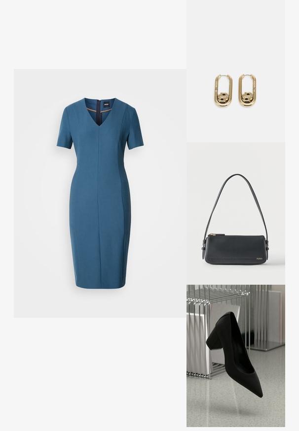 Robe ajustée bleue avec des manches courtes, décolleté en V et fermeture à glissière au dos. Texture lisse, longueur genoux avec une silhouette cintrée et des détails de couture.; Chaussure à talon haut noire avec un bout pointu et un talon épais, en cuir texturé, suspendue au-dessus d'un sol lisse.; Sac à bandoulière rectangulaire en cuir noir avec fermeture éclair dorée et petit logo "HUGO" doré sur le devant, doté d'une sangle réglable avec boucle.; BOSS DOUBLE B SWING - Boucles d'oreilles - gold-coloured