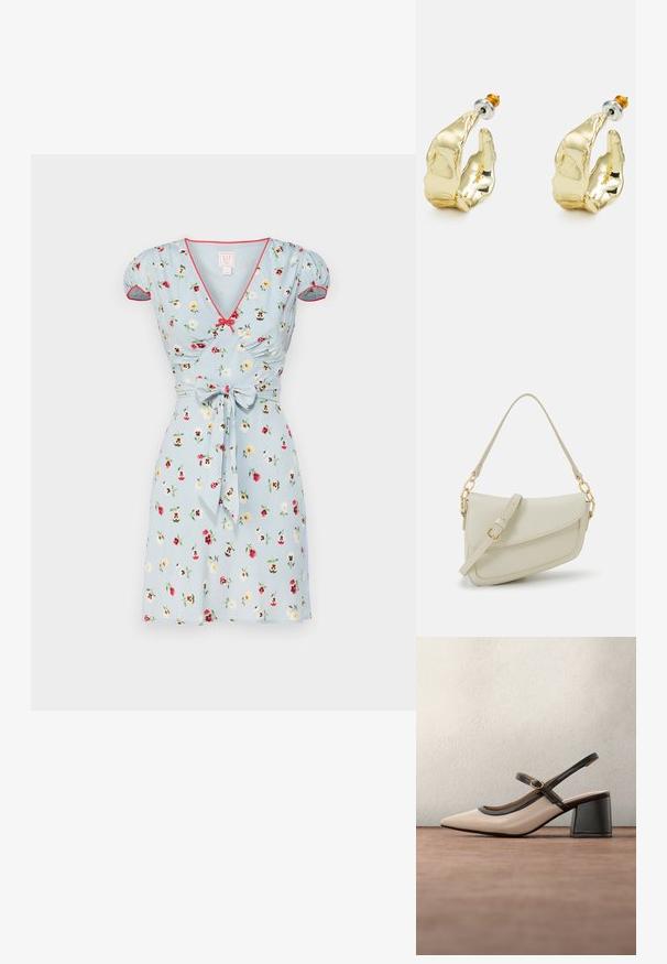 Lys blå kort kjole med blomstermønster, puffede ærmer, v-hals og rød kant. Har en bundet talje-detail og er lavet af et glat stof.; Beige høje hæle slingback-sko med spids tå, sort kant og spænde detalje. Glat materiale med mat finish, mellemstor blokhæl.; Lille cremehåndtaske med tekstureret overflade, en lang justerbar rem, en kædeaccent og flaplukning. Detaljer i guldhardware.; Guldtonede øreringe formet som abstrakte hænder, med en skinnende overflade, intrikate detaljer og en sølv- og guldfarvet post til sikker fastgørelse.