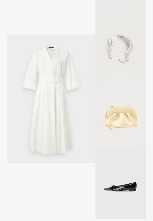 Vestido midi blanco con cuello ancho, mangas tres cuartos, botones en la parte delantera y cinturilla ajustada.; Zapato plano de charol negro con punta afilada, pequeña tira decorativa y tacón bajo. Textura suave y diseño elegante.; Bolso clutch de cuero color crema con un marco superior estructurado y correa de muñeca, mostrado sobre un fondo claro y liso.; Dos pendientes de plata curvados, uno más grande que el otro, ambos adornados con pequeños cristales brillantes a lo largo de un borde.