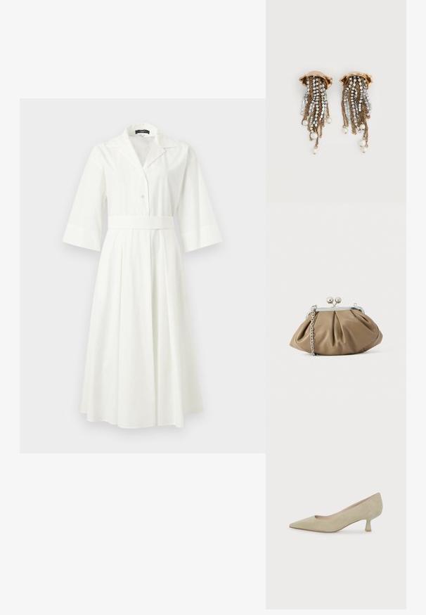 Vestido midi blanco con cuello ancho, mangas tres cuartos, botones en la parte delantera y cinturilla ajustada.; Zapato de tacón bajo tipo «kitten heel» en ante beige con punta puntiaguda sobre un fondo blanco liso.; Clutch de cuero en beige suave con forma redondeada, textura plisada, cierre de broche plateado y una correa de cadena desmontable.; Pendientes de clip en tono dorado con cadenas de cristales en cascada y perlas blancas colgantes sobre un fondo blanco.