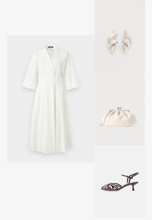 Robe midi blanche avec large col, manches trois-quarts, boutonnière devant et taille cintrée.; Sandale à talon kitten en cuir marron foncé avec lanières et bride de cheville réglable à boucle sur fond blanc.; Pochette en tissu crème avec un design froncé, cadre en métal argenté, deux boules décoratives, et une bandoulière chaîne argentée.; Boucles d'oreilles clips en métal argenté torsadé avec une finition lisse et brillante, présentant un design moderne et abstrait en spirale.