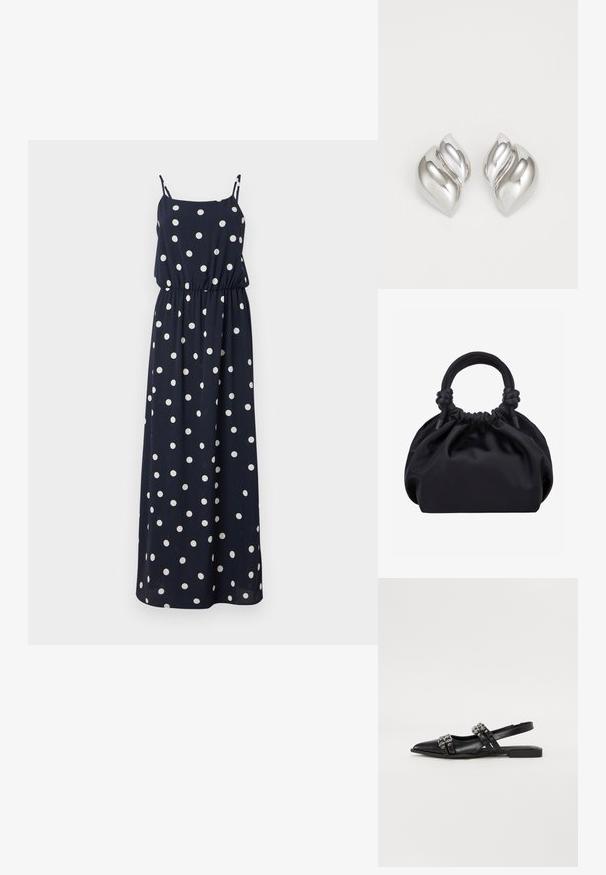 Navyblaues Maxikleid mit weißen Punkten. Verfügt über dünne verstellbare Träger, einen elastischen Bund und eine lockere Passform. Glatter Stoff.; Even&Odd by Zalando Sling-Ballerina - black; Schwarze weiche Stoffhandtasche mit gerafftem oberen Rand und runden, gepolsterten Griffen, die auf jeder Seite mit Knoten gebunden sind.; Silberne Ohrringe mit einer organischen, abstrakten Form. Glatte, glänzende Oberfläche mit einem konischen Design. Mit dezenten Kurven und einem zentralen Linienelement.