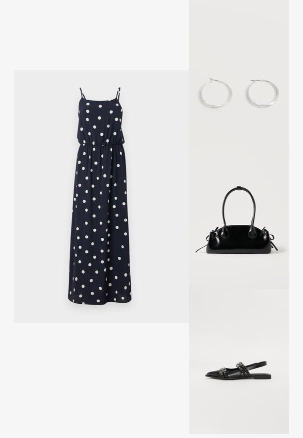 Navyblaues Maxikleid mit weißen Punkten. Verfügt über dünne verstellbare Träger, einen elastischen Bund und eine lockere Passform. Glatter Stoff.; Even&Odd by Zalando Sling-Ballerina - black; Kleine schwarze glänzende Handtasche mit zwei langen Griffen und seitlichen Kordelzug-Details vor einfachem hellem Hintergrund.; Silberne Metallcreolen mit glatter, leicht gebogener Oberfläche und Klappverschluss vor schlicht weißem Hintergrund.