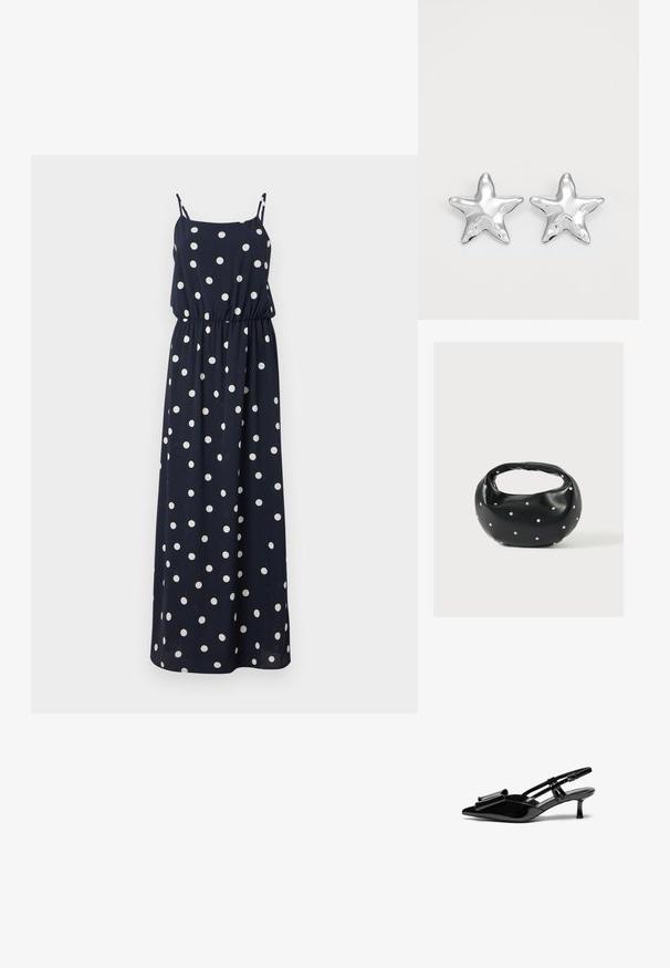 Navyblauwe maxi-jurk met witte stippen. Heeft dunne verstelbare bandjes, een elastische tailleband en een relaxte pasvorm. Gladde stoftextuur.; Zwarte gepatineerde lederen slingback hakken met een puntige neus, een strikdetail aan de voorkant en een kleine stilettohak. De bandjes hebben verstelbare gespen.; Zwarte leren handtas met een afgeronde vorm, versierd met zilveren studs, en een korte handgreep. Gladde textuur en ritsluiting.; Zilveren stervormige oorbellen met een gepolijste, glanzende afwerking. Elke oorbel heeft vijf punten en subtiele textuurdetails op het oppervlak.