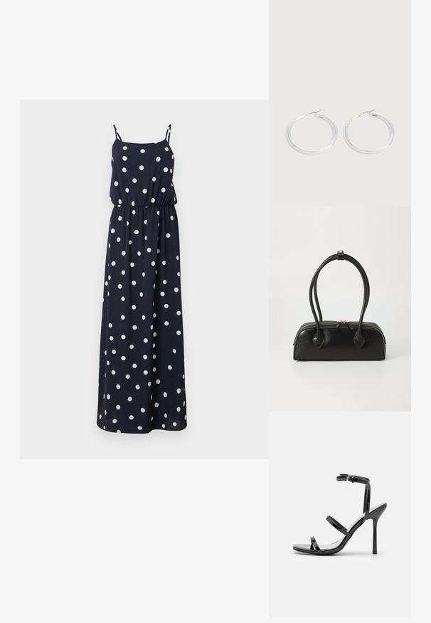 Navyblaues Maxikleid mit weißen Punkten. Verfügt über dünne verstellbare Träger, einen elastischen Bund und eine lockere Passform. Glatter Stoff.; Schwarze Lackleder-High-Heel-Sandalen mit drei horizontalen Riemen und einem verstellbaren Knöchelriemen. Schlanke Silhouette und glänzende Oberfläche.; Schwarze Lederhandtasche mit zwei verlängerten Griffen, Reißverschluss und runder Form; glatte Textur mit subtiler glänzender Oberfläche.; Paar glänzende silberne Creolen mit dünnen Drahtverschlüssen, dargestellt vor einem hellgrauen Hintergrund.