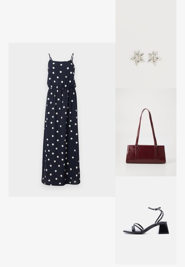 Navyblaues Maxikleid mit weißen Punkten. Verfügt über dünne verstellbare Träger, einen elastischen Bund und eine lockere Passform. Glatter Stoff.; Schwarze, offene Sandale mit Riemchen, Knöchelriemen mit Schnalle und Blockabsatz, seitlich auf hellem, neutralem Hintergrund gezeigt.; Burgunderfarbene Handtasche aus glänzendem Material, rechteckige Form, mit zwei Schulterriemen und subtilen, geschwungenen Akzenten an der Vorderseite.; Silberne, sternförmige Creolen mit einer glatten, polierten Oberfläche auf weißem, schlichtem Hintergrund.
