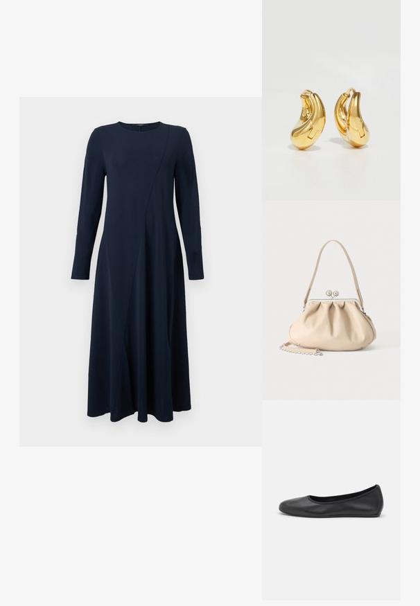 Robe bleu marine à manches longues avec encolure ronde et détail subtil de couture diagonale, fluide et tombant sous le genou.; Ballerines en cuir noir avec un bout rond, texture lisse, détails de couture minimalistes et design de semelle flexible.; Sac à main en cuir souple beige avec un fermoir en métal argenté, une bandoulière simple et une bandoulière chaîne optionnelle sur fond blanc.; Boucles d'oreilles en or en forme de d'anneaux lisses et courbés avec une finition polie. Équipées d'un mécanisme de fermeture et de légères indentations pour le détail.