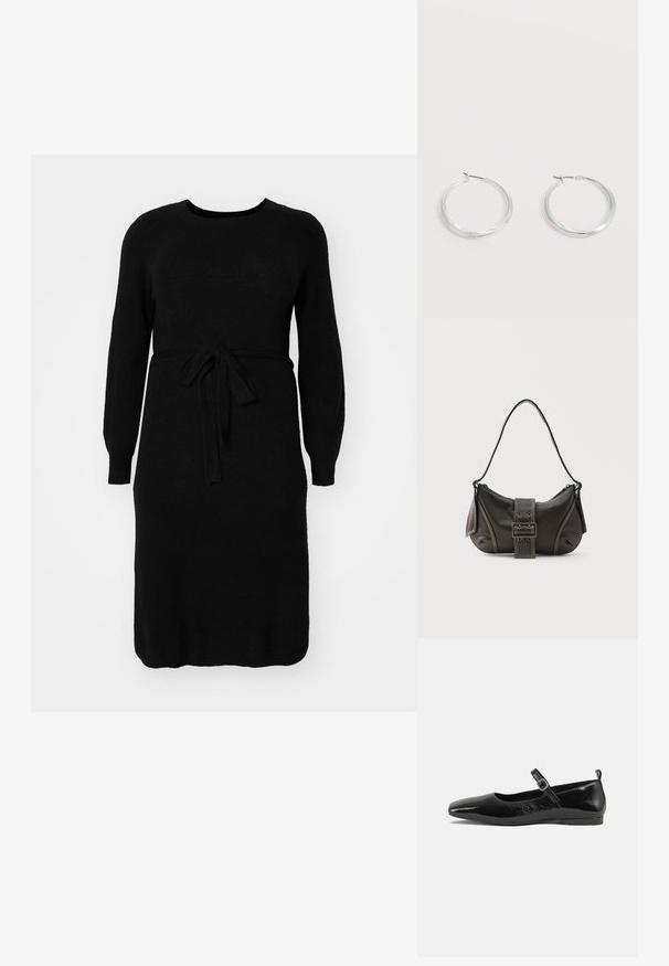 Robe tricotée noire à manches longues, décolleté rond et ceinture à nouer à la taille. Texture lisse et design mi-long.; Chaussure plate en cuir verni noir avec un bout pointu, une sangle de cheville avec boucles, et une texture lisse et brillante. Talon bas pour le confort.; Sac à épaule en cuir noir avec une sangle à boucle, des bords arrondis et des coutures blanches contrastées sur un fond uni.; Boucles d’oreilles créoles en métal argenté avec une surface lisse légèrement incurvée et des fermoirs à clapet sur un fond blanc uni.