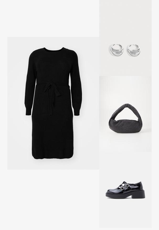 Robe tricotée noire à manches longues, décolleté rond et ceinture à nouer à la taille. Texture lisse et design mi-long.; Chaussures à plateforme en cuir verni noir avec talon large, design découpé, et deux boucles argentées sur le dessus du pied. Semelle en caoutchouc plate.; Sac en tissu gris foncé avec une anse courbée, texture douce et forme arrondie. Pas de matériel ou d'embellissements visibles.; Paire de boucles d'oreilles anneaux en argent poli avec un design de barre incurvée superposée sur un fond clair uni.
