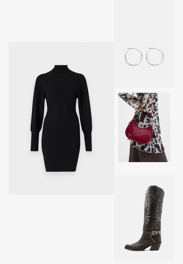 Robe noire en maille côtelée avec un col haut, des manches bouffantes longues et une silhouette ajustée. Présente des détails de design subtils au niveau de la poitrine.; Botte de cowboy en cuir noir avec découpes décoratives, boucle argentée et talon incliné, présentée sur fond blanc.; Femme portant un chemisier à motif noir et blanc tenant un sac à main rouge brillant sur un fond uni.; Les boucles d'oreilles en argent en forme de créole présentent un design lisse et arrondi avec un profil fin et un fermoir sécurisé. Style minimaliste avec une finition polie.