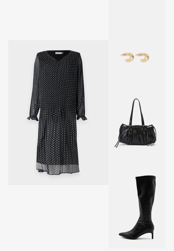 Robe noire en tissu léger, avec un décolleté en V, des manches longues à volants et un motif à pois blancs sur l'ensemble.; Botte en cuir noire montante au genou avec un bout pointu et un talon moyen fin sur un fond clair uni.; Sac à main en cuir noir avec une forme arrondie, deux poignées, des accents en matériel décoratif et des détails de liens sur les côtés. Texture lisse et brillante.; Boucles d'oreilles en forme de croissant en or avec une finition lisse, présentant des accents orange près du clou et un matériel en argent.