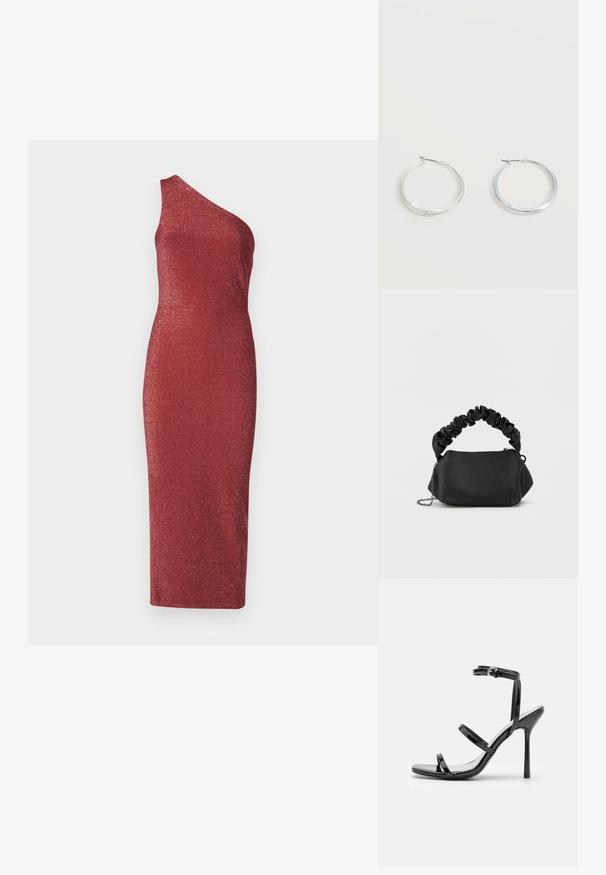 Ασύμμε vestido κόκκινο με έναν ώμο φτιαγμένο από λαμπερό, υφαντό ύφασμα. Σφιχτή σιλουέτα με μήκος μέχρι το γόνατο.; Μαύρες πατεντέ δερμάτινες σανδάλια με ψηλό τακούνι, τρία οριζόντια λουριά και ρυθμιζόμενο λουρί στον αστράγαλο. Κομψό σιλουέτα και γυαλιστερό φινίρισμα.; Μαύρη τσάντα χειρός με στρογγυλό σχήμα, φτιαγμένη από λείο υλικό. Διαθέτει μαλακή, τσαλακωμένη λαβή και μεταλλική αλυσίδα για ευελιξία.; Ασημένια μεταλλικά σκουλαρίκια κρίκοι με λεία, ελαφρώς κυρτή επιφάνεια και κλειδαριά τύπου latch-back σε απλό λευκό φόντο.