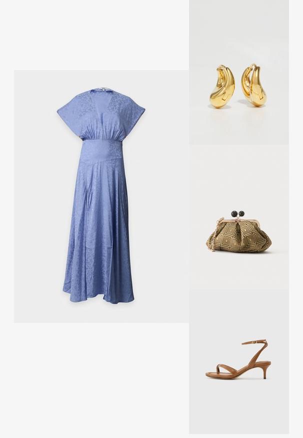 Robe longue bleu clair avec épaules larges, décolleté en V profond, taille froncée et motif floral subtil sur tissu lisse.; Sandale en cuir marron avec lanières, talon bas en forme de petit escarpin et bride à la cheville avec une petite boucle, vue de côté sur un fond uni.; Petite pochette avec motif géométrique doré et noir, cadre en métal doré, fermeture à boule noire et une courte chaîne dorée.; Boucles d'oreilles en or en forme de d'anneaux lisses et courbés avec une finition polie. Équipées d'un mécanisme de fermeture et de légères indentations pour le détail.