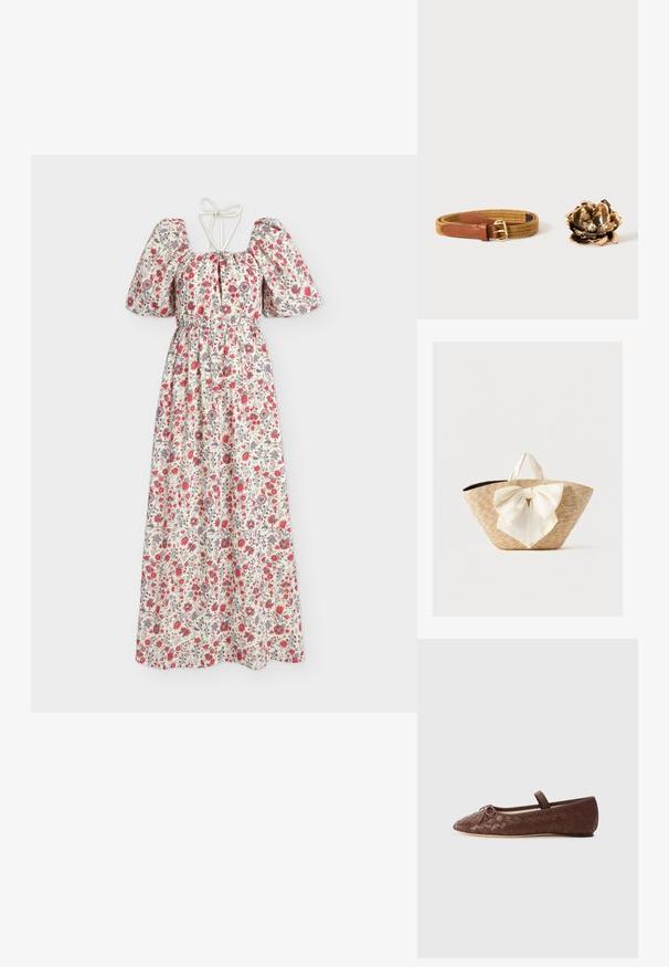 Robe longue blanche avec manches bouffantes, imprimé floral rouge et violet, taille cintrée et fines bretelles nouées dans le dos.; Ballerine en cuir tressé marron avec un bout rond, un petit nœud décoratif et une sangle élastique autour de la cheville pour un maintien sécurisé.; Sac cabas en paille tissée avec des poignées en tissu crème et un grand nœud décoratif crème à l'avant, sur un fond uni.; Ceinture tissée marron avec boucle en cuir à côté d'une broche métallique dorée en forme de fleur avec une petite perle au centre sur fond blanc.