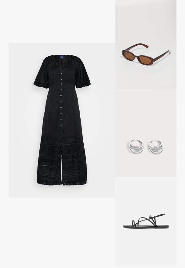 Robe maxi noire avec un devant à boutons, des manches courtes avec dentelle, un tissu texturé et des éléments de design en couches au niveau de l'ourlet.; Sandales plates noires avec de fines brides croisées, design à bout ouvert et semelle minimaliste. Comprend un petit détail de boucle pour l'ajustement.; Lunettes de soleil rondes teinte brun avec une monture bordeaux brillante. Branches fines avec un détail de marque subtil. Design de verres plats.; Paire de boucles d'oreilles anneaux en argent poli avec un design de barre incurvée superposée sur un fond clair uni.
