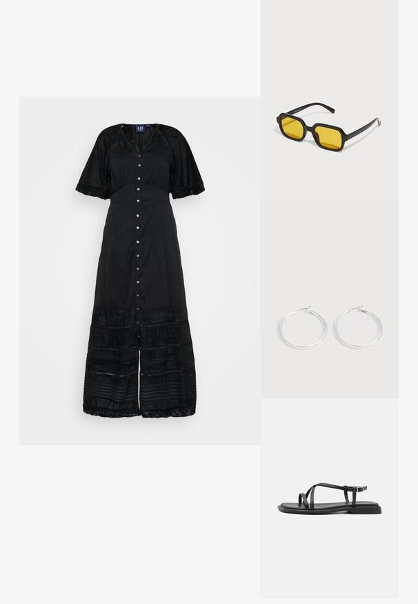 Robe maxi noire avec un devant à boutons, des manches courtes avec dentelle, un tissu texturé et des éléments de design en couches au niveau de l'ourlet.; Sandales plates noires avec de fines brides réglables, un entre-doigt rectangulaire et une finition mate texturée. Elles présentent un talon bas légèrement carré.; Lunettes de soleil rectangulaires noires avec des verres jaunes. Les caractéristiques incluent des montures épaisses et un design anguleux avec une finition lisse et brillante.; Paire de boucles d'oreilles créoles argentées brillantes avec fermoirs en fil fin, présentée sur un fond gris clair.