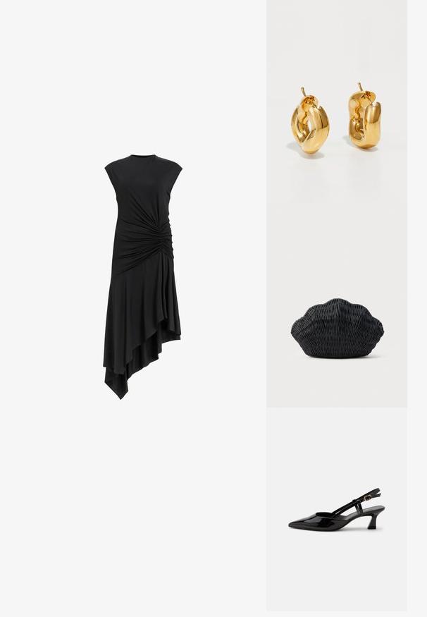 Schwarzes ärmelloses Kleid mit gerafften Details an der Seite, ausgestattet mit einem asymmetrischen Saum, der elegant fällt. Weiche Stofftextur.; Schwarzer Slingback-Pumps aus Lackleder mit spitzer Spitze und verstellbarem goldfarbenem Riemen auf weißem Hintergrund.; Schwarze Korbtasche in Muschelform mit gebogenem Oberteil und gewebter Textur auf einfarbigem Hintergrund.; Fette goldene Creolen mit einem leicht verdrehten, röhrenförmigen Design und Steckverschlüssen auf einem weißen Hintergrund.