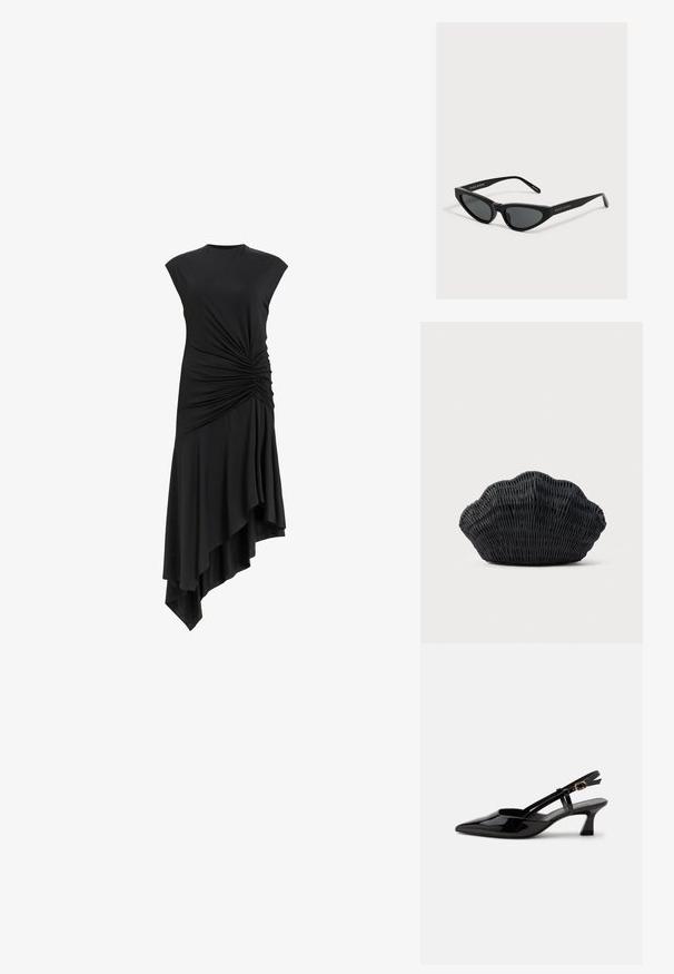 Zwarte mouwloze jurk met geplooide details aan de zijkant, voorzien van een asymmetrische zoom die elegant valt. Zachte stofstructuur.; Zwarte lakleren slingback kitten heel schoen met spitse neus en verstelbare gouden gespsluiting op een witte achtergrond.; Zwarte cat-eye-zonnebril met donkere glazen en dunne pootjes, gebrandmerkt met "MAGDA BUTRYM" aan de zijkant.; Zwarte gevlochten handtas in de vorm van een sint-jakobsschelp met een gebogen bovenkant en een geweven textuur op een effen achtergrond.