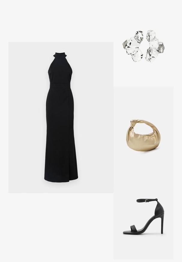 Robe noire à col halter avec un corsage ajusté, une jupe longue et une fente sur le côté. Fabriquée en tissu lisse avec un design épuré et minimaliste.; Sandale noire à talons hauts au design épuré, avec une bride au niveau de la cheville, un bout ouvert et une texture en cuir lisse.; Sac à main en métal doré avec une texture lisse et brillante. Il possède une anse nouée et une forme arrondie et douce. Fermeture zippée sur le dessus.; Grappe de six morceaux translucides et réfléchissants de forme irrégulière, ressemblant à du verre, disposés sur un fond blanc.