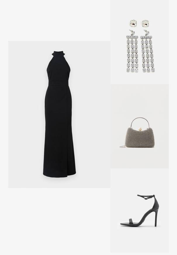 Robe noire à col halter avec un corsage ajusté, une jupe longue et une fente sur le côté. Fabriquée en tissu lisse avec un design épuré et minimaliste.; Sandales noires à talons hauts avec un orteil ouvert, des fines lanières et une boucle à la cheville. Texture en cuir lisse avec un design de forme pointue.; Petit sac à main avec motif à carreaux argenté, poignée incurvée, grande fermeture à perle et une fine bandoulière en chaîne argentée sur un fond uni.; Boucles d'oreilles en cristal avec des accessoires en ton argent, comportant un clou carré et des rangées en cascade de cristaux rectangulaires et octogonaux.