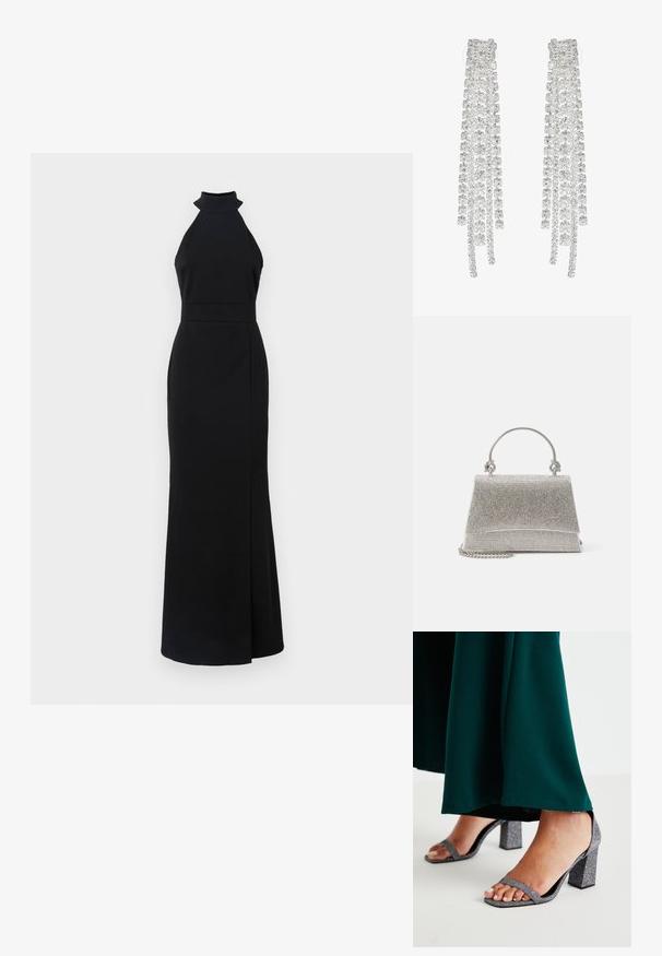 Robe noire à col halter avec un corsage ajusté, une jupe longue et une fente sur le côté. Fabriquée en tissu lisse avec un design épuré et minimaliste.; Sandales à talons carrés en paillettes argentées avec deux fines brides et un orteil carré. Accompagnées d'un vêtement long jusqu'au sol de couleur vert foncé.; ALDO FELISIA - Sac à main - silver-coloured; De longues boucles d'oreilles en argent ornées d'un assortiment de cristaux transparents à facettes, disposés en fils cascade de longueurs et de formes variées.