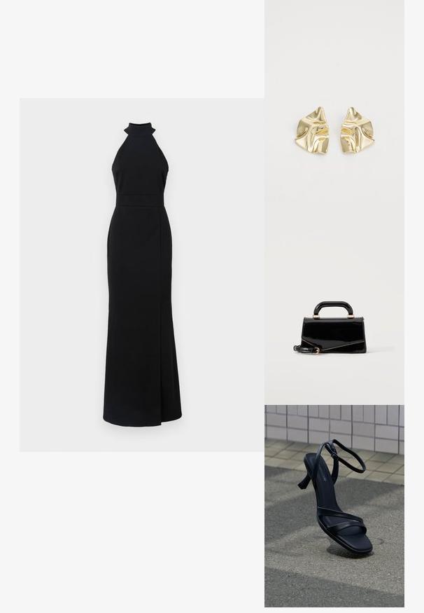 Robe noire à col halter avec un corsage ajusté, une jupe longue et une fente sur le côté. Fabriquée en tissu lisse avec un design épuré et minimaliste.; Sandale noire à talon haut avec lanières et boucle à la cheville, flottant au-dessus d'un sol gris texturé avec un mur carrelé en arrière-plan.; Sac à main rectangulaire noir brillant avec poignée supérieure, ferrures dorées et bandoulière amovible, posé sur un fond clair uni.; Boucles d'oreilles en métal doré avec un design ondulé ; surface lisse et réfléchissante ; forme asymétrique ; sans motifs ni éléments visibles.