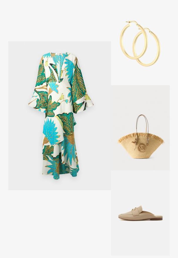 Lange, vloeiende jurk met een diepe V-hals, klokmouwen en levendige tropische bladvormen in teal, goud en groen op een lichte achtergrond.; Beige slip-on platte loafer met een afgeronde neus, gestructureerde afwerking, brede band en gouden ronde gesp op een witte achtergrond.; Grote geweven strooien tas met lichtbruine leren handvatten, franjes aan de bovenkant en een ronde MK-logo hanger aan de voorkant.; Gouden hoepeloorbellen met een gladde, gepolijste afwerking; cirkelvormig ontwerp met een scharnier- en postsluiting; gemiddelde grootte, lichtgewicht.