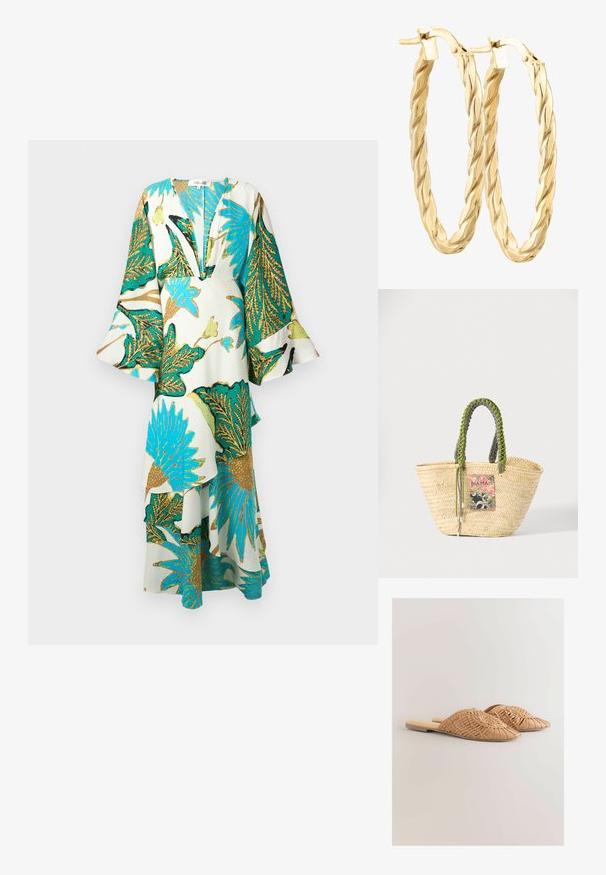 Vestido largo y suelto con un profundo escote en V, mangas acampanadas y vibrantes patrones de hojas tropicales en tonos de teal, dorado y verde sobre un fondo claro.; Sandalias deslizantes de cuero trenzado en color marrón claro, con un diseño de parte superior trenzada de gran tamaño y una suela plana. La punta afilada aporta un aspecto elegante.; Bolso tote de paja beige tejido con asas trenzadas verdes y negras y un parche rectangular colorido en la parte frontal.; DIAMANT L'ÉTERNEL Pendientes - gold