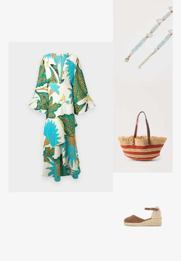 Vestido largo y suelto con un profundo escote en V, mangas acampanadas y vibrantes patrones de hojas tropicales en tonos de teal, dorado y verde sobre un fondo claro.; Alpargata cuña de tela marrón con hebilla en el tobillo y tacón y plataforma de yute trenzado, vista lateral en ángulo sobre fondo blanco.; Bolso tote de paja tejida con rayas horizontales naranjas, borde superior con flecos y dos correas de hombro de cuero marrón.; Pulsera de cuentas con cristales azul claro, perlas blancas y acentos dorados; incluye un cierre de langosta y una cadena ajustable.