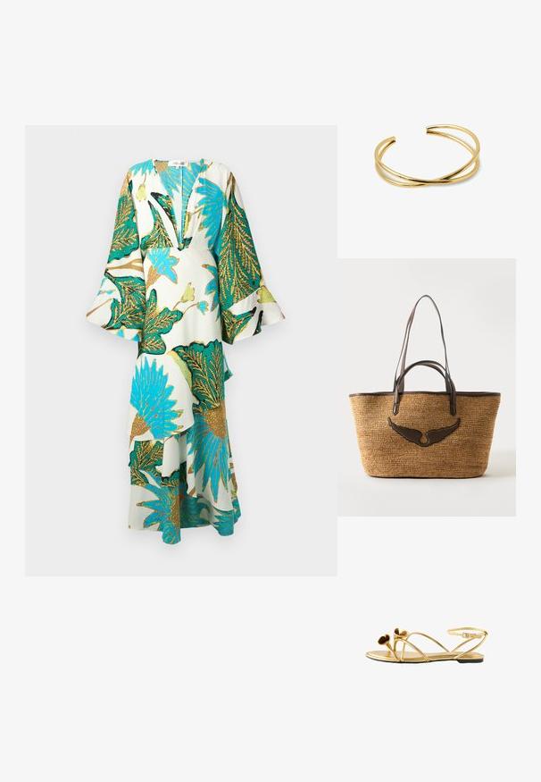 Vestido largo y suelto con un profundo escote en V, mangas acampanadas y vibrantes patrones de hojas tropicales en tonos de teal, dorado y verde sobre un fondo claro.; Sandalia plana dorada con tiras delgadas, hebilla en el tobillo y dos adornos en forma de flor rizados en la tira frontal.; Bolso tote de paja trenzada con asas de cuero marrón oscuro y un adorno de cuero en forma de ala en el delantero.; Pulsera de brazalete de metal dorado con un diseño minimalista que presenta dos bandas entrelazadas para un aspecto elegante y moderno.