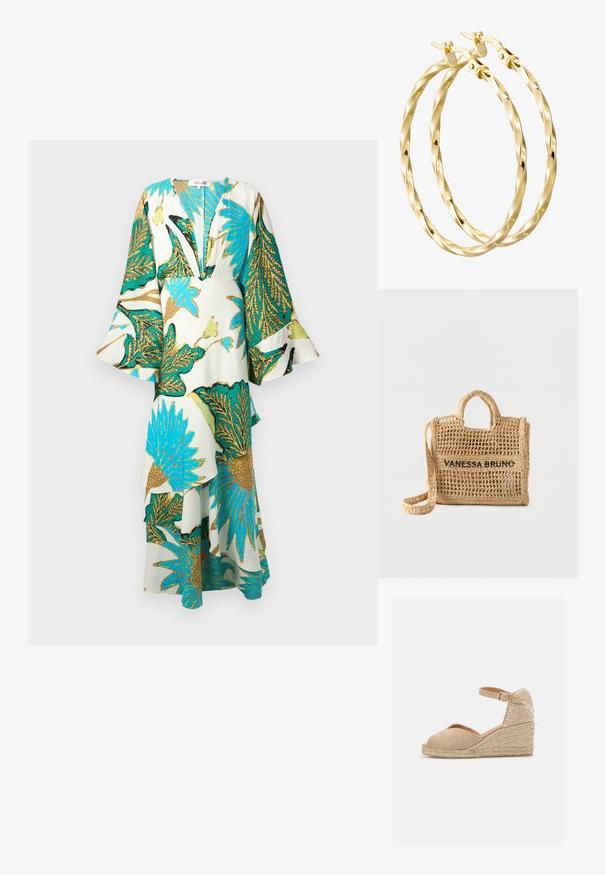 Vestido largo y suelto con un profundo escote en V, mangas acampanadas y vibrantes patrones de hojas tropicales en tonos de teal, dorado y verde sobre un fondo claro.; Castañer BIANCA - Alpargatas - sand; Bolso tejido beige con dos asas, correa larga, diseño de tejido abierto y "VANESSA BRUNO" bordado en negro en la parte frontal.; DIAMANT L'ÉTERNEL Pendientes - gold coloured