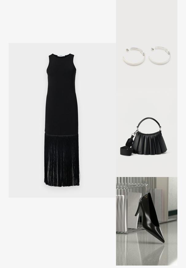 Vestido negro sin mangas con un top ajustado y un dobladillo largo con flecos, confeccionado en una tela suave con un detalle de flecos texturizados en la parte inferior.; Zapato de tacón alto negro con punta afilada y logo dorado, colocado sobre una superficie reflectante cerca de un organizador de archivos de alambre cromado con documentos.; Bolso negro de cuero plisado con asa corta y correa de hombro ancha de tela desmontable sobre fondo blanco.; Pendientes de aro semicírculo en tono plateado con textura acanalada y cierre de presión sobre fondo blanco.