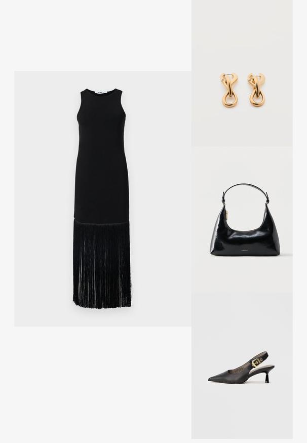 Sort ærmeløs kjole med en tætsiddende top og en lang frynsekant, lavet af glat stof med en struktureret frynse detalje for neden.; Sort slingback højhælt sko med spids tå, glat læderstruktur og en guldfarvet spændeaccent på remmen.; Sort blank Calvin Klein håndtaske med gyldent lynlås og kort rem mod en ensfarvet hvid baggrund.; Par af skinnende guldfarvede hoop-øreringe med snoet, flettet design på en enkel hvid baggrund.
